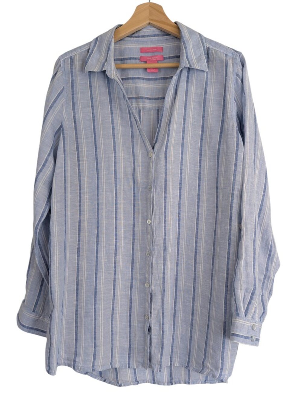Isaac Mizrahi Linen Button Down Shirt Blue Stripe Long Sleeve Oversized Size L